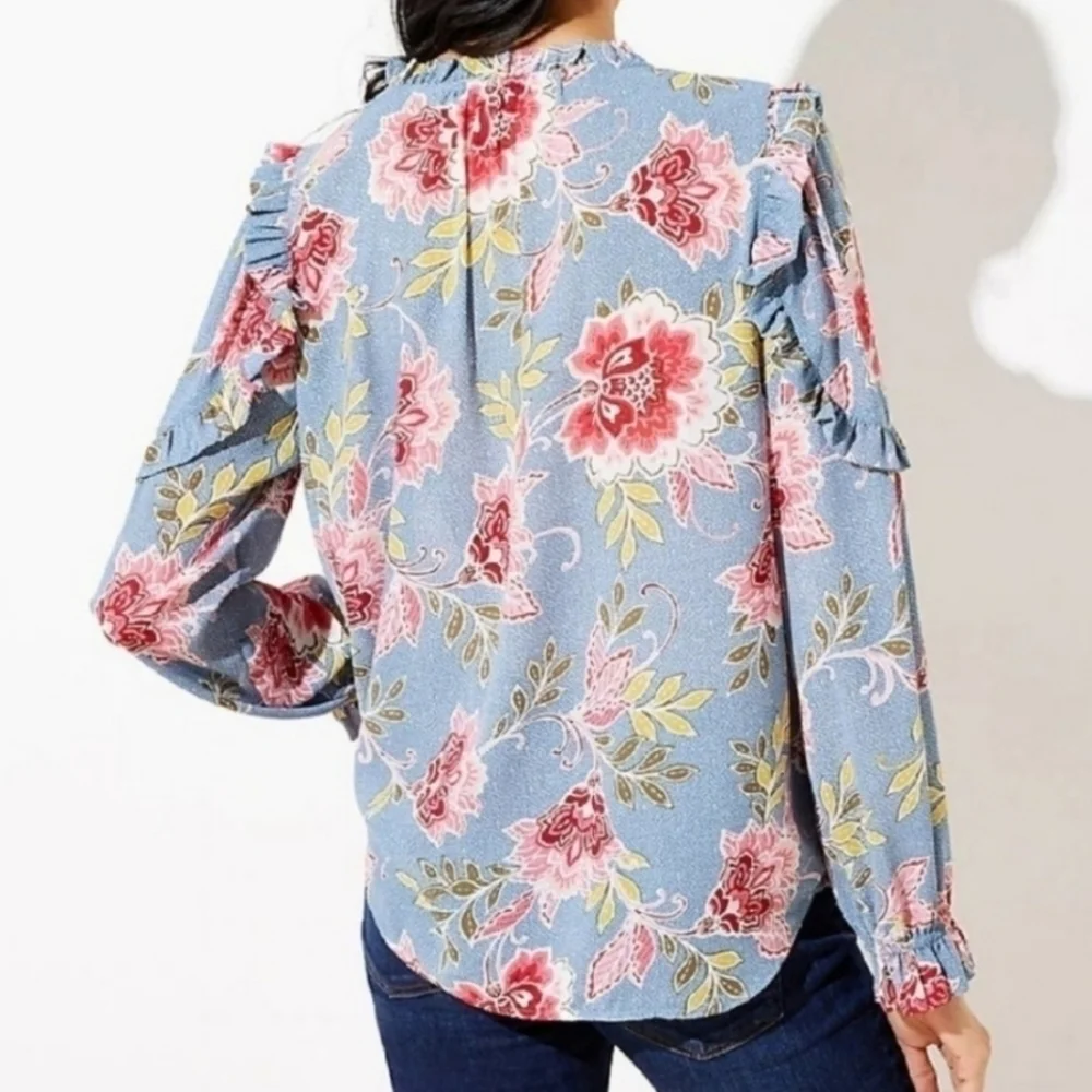 LOFT Blue and Red Floral Blouse - Picture 9 of 9